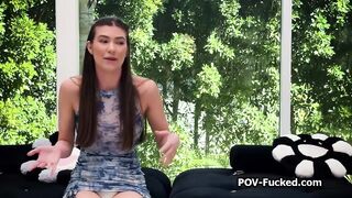 All natural brunette newcomer gets on cock from behind