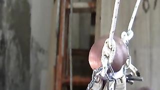 appesa per le palle che vengono infilate da tre aghi...   BDSM estremo