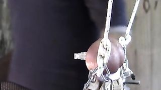 appesa per le palle che vengono infilate da tre aghi...   BDSM estremo