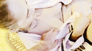 Stepmom fucks herself outdoors and sucks her son's cock