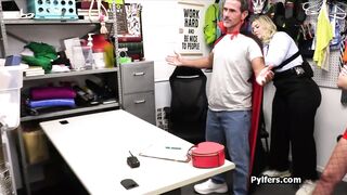 Extra curvy female mall cop in a threeway with pilfers