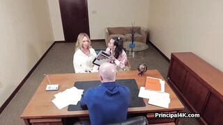 Mature teacher and slutty coed on cock